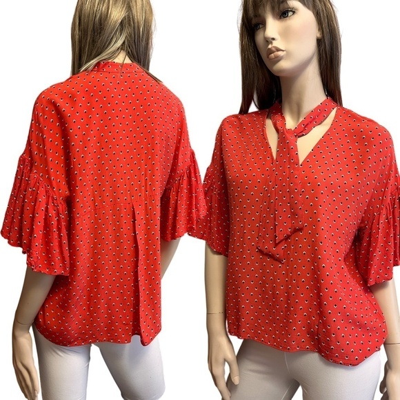 ZARA Blouse Top Shirt Flutter Butterfly Sleeve Bow Tie Neck Hi Low Relaxed Fit - Picture 3 of 14